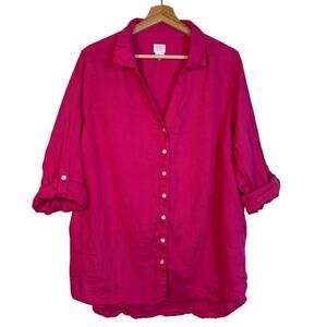 Sigrid Olsen Button Down Linen Shirt Sz 1X Hot Pink Breathable Relaxed Roll tab